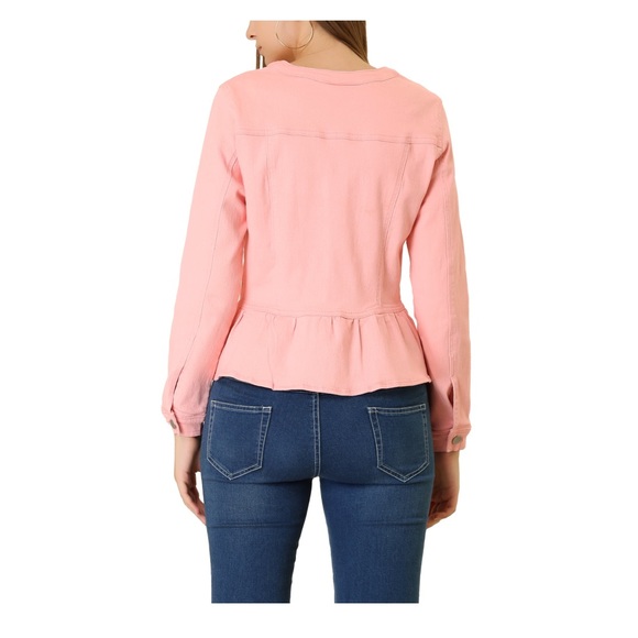 Unique Bargains Women's Button Down Cropped Ruffle Hem Denim Jacket S Light Pink - Picture 2 of 4